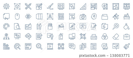 Graphic design web icons set in line stroke design. Outline pictogram pack of idea, modelling, paintbrush drawing, computer prototype, wireframe, layers, designer vision, more. Vector illustration. 138083771