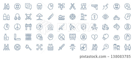 Abuse and violence web icons set in line stroke design. Outline pictogram pack of abuse, harassment, cyber bullying, conflicts, weapons, assault, discrimination, security, more. Vector illustration. 138083785
