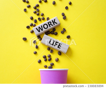 Work Life symbol. Wooden blocks with words Work Life. Beautiful yellow background with coffee cup and coffee beans. Business and Work Life concept. Copy space. Work Life symbol. Wooden blocks with words Work Life. Beautiful yellow background with coffee cup and coffee beans. Business and Work Life concept. Copy space. 138083894