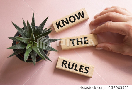 Know the rules symbol. Wooden blocks with words Know the rules. Businessman hand. Beautiful pink background with succulent plant. Business and Know the rules concept. Copy space. 138083921