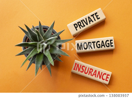Private Mortgage Insurance symbol. Wooden blocks with words Private Mortgage Insurance. Beautiful orange background with succulent plant. Business concept. Copy space. 138083937