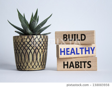 Healthy habits symbol. Concept word Build Healthy habits on wooden blocks with succulent. Beautiful white background. Healthy lifestyle and Healthy habits concept. Copy space 138083938