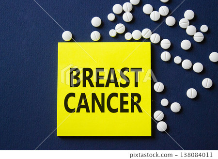 Breast cancer symbol. Concept word Breast cancer on yellow note. Beautiful deep blue background with pills. Medicine and Breast cancer concept. Copy space 138084011