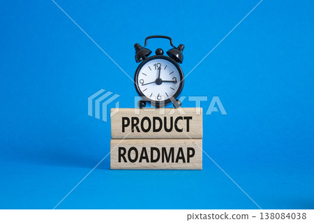 Product Roadmap symbol. Concept word Product Roadmap on wooden blocks. Beautiful blue background with alarm clock. Business and Product Roadmap concept. Copy space Product Roadmap symbol. Concept word Product Roadmap on wooden blocks. Beautiful blue background with alarm clock. Business and Product Roadmap concept. Copy space 138084038