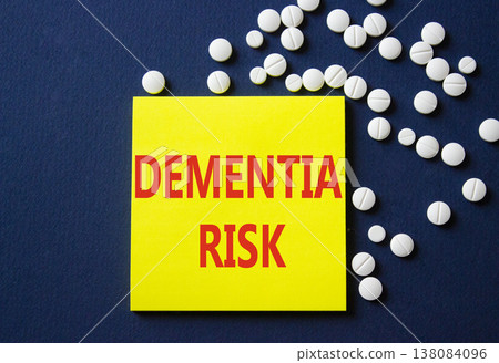 Dementia Risk symbol. Concept word Dementia Risk on yellow note. Beautiful deep blue background with pills. Medicine and Dementia Risk concept. Copy space Dementia Risk symbol. Concept word Dementia Risk on yellow note. Beautiful deep blue background with pills. Medicine and Dementia Risk concept. Copy space 138084096