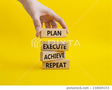 Plan Execute Achieve Repeat symbol. Wooden blocks with words Plan Execute Achieve Repeat. Businessman hand. Beautiful yellow background. Business concept. Copy space Plan Execute Achieve Repeat symbol. Wooden blocks with words Plan Execute Achieve Repeat. Businessman hand. Beautiful yellow background. Business concept. Copy space 138084153
