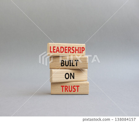 LEADERSHIP symbol. Wooden blocks with words LEADERSHIP BUILT ON TRUST. Beautiful grey background. Business and LEADERSHIP concept. Copy space LEADERSHIP symbol. Wooden blocks with words LEADERSHIP BUILT ON TRUST. Beautiful grey background. Business and LEADERSHIP concept. Copy space 138084157