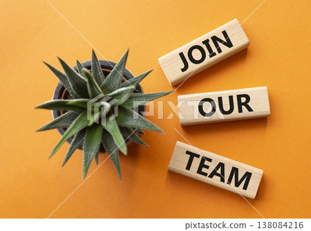 Join our team symbol. Wooden blocks with words Join our team. Beautiful orange background with succulent plant. Business and Join our team concept. Copy space. 138084216