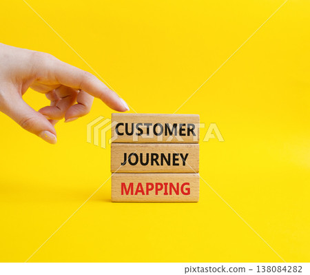 Customer Journey Mapping symbol. Concept word Customer Journey Mapping on wooden blocks. Businessman hand. Beautiful yellow background. Business and Customer Journey Mapping. Copy space Customer Journey Mapping symbol. Concept word Customer Journey Mapping on wooden blocks. Businessman hand. Beautiful yellow background. Business and Customer Journey Mapping. Copy space 138084282