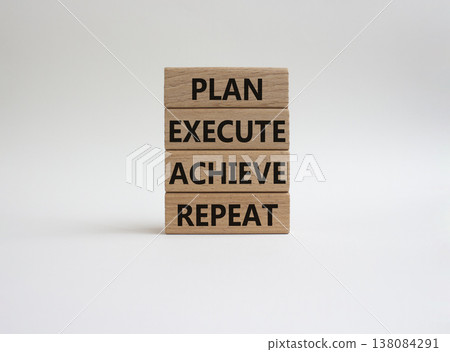 Plan Execute Achieve Repeat symbol. Wooden blocks with words Plan Execute Achieve Repeat. Beautiful white background. Business concept. Copy space 138084291