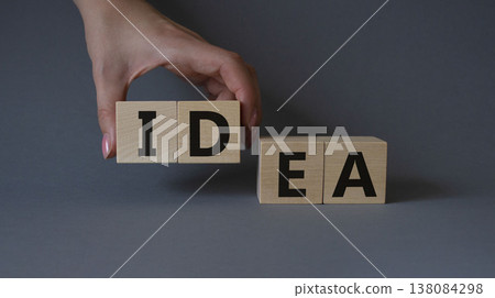 Idea symbol. Concept word Idea on wooden cubes. Businessman hand. Beautiful grey background. Business and Idea concept. Copy space Idea symbol. Concept word Idea on wooden cubes. Businessman hand. Beautiful grey background. Business and Idea concept. Copy space 138084298