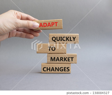 Market Changes symbol. Wooden blocks with words Manage and Adapt quickly to market changes. Businessman hand. Beautiful grey background. Businessman hand. Business and Market Changes concept. Copy 138084327