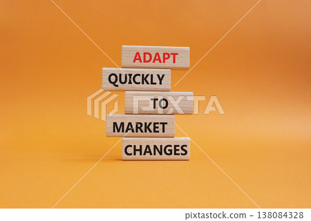 Market Changes symbol. Wooden blocks with words Manage and Adapt quickly to market changes . Beautiful orange background. Businessman hand. Business and Market Changes concept. Copy space 138084328