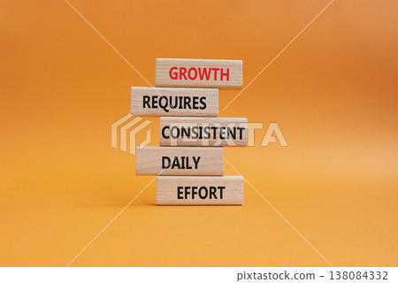 GROWTH symbol. Wooden blocks with words GROWTH REQUIRES CONSISTENT DAILY EFFORT. Beautiful orange background. Business and GROWTH concept. Copy space 138084332