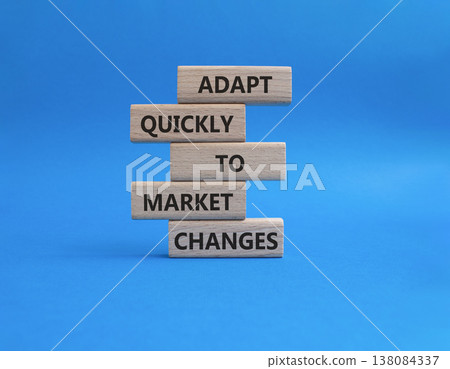 Market Changes symbol. Wooden blocks with words Manage and Adapt quickly to market changes . Beautiful blue background. Businessman hand. Business and Market Changes concept. Copy space 138084337