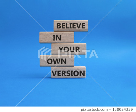 Own Vision symbol. Wooden blocks with words Manage and Believe in Your Own Vision. Beautiful blue background. Businessman hand. Business and Own Vision concept. Copy space Own Vision symbol. Wooden blocks with words Manage and Believe in Your Own Vision. Beautiful blue background. Businessman hand. Business and Own Vision concept. Copy space 138084339