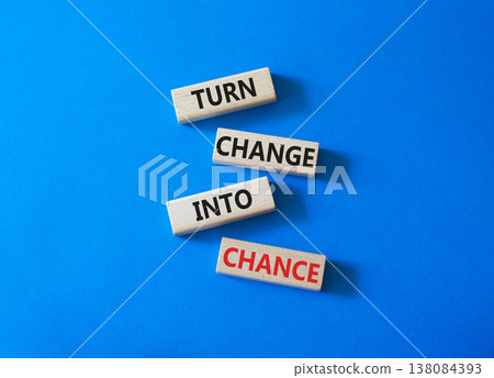Change and Chance symbol. Concept words Turn Change Into Chance on wooden blocks. Beautiful bright blue background. Business and Turn Change Into Chance concept. Copy space. Change and Chance symbol. Concept words Turn Change Into Chance on wooden blocks. Beautiful bright blue background. Business and Turn Change Into Chance concept. Copy space. 138084393