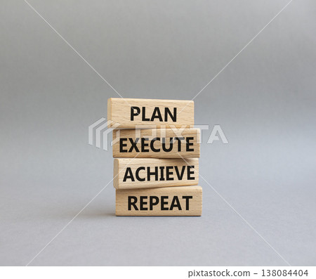 Plan Execute Achieve Repeat symbol. Wooden blocks with words Plan Execute Achieve Repeat. Beautiful grey background. Business concept. Copy space Plan Execute Achieve Repeat symbol. Wooden blocks with words Plan Execute Achieve Repeat. Beautiful grey background. Business concept. Copy space 138084404