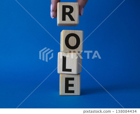 Role symbol. Concept word Role on wooden cubes. Businessman hand. Beautiful blue background. Business and Role concept. Copy space. Role symbol. Concept word Role on wooden cubes. Businessman hand. Beautiful blue background. Business and Role concept. Copy space. 138084434