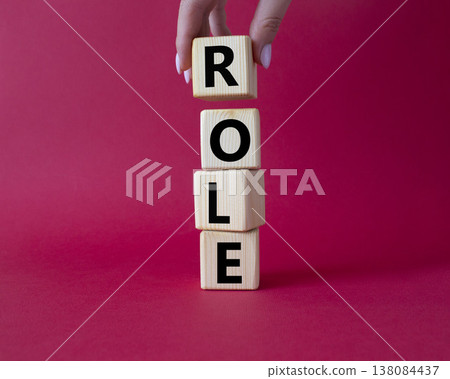 Role symbol. Concept word Role on wooden cubes. Businessman hand. Beautiful red background. Business and Role concept. Copy space. Role symbol. Concept word Role on wooden cubes. Businessman hand. Beautiful red background. Business and Role concept. Copy space. 138084437