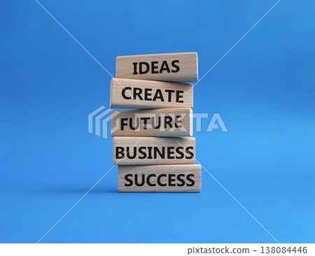 Business success symbol. Wooden blocks with words Ideas create future business success. Beautiful blue background. Business and Business success concept. Copy space 138084446