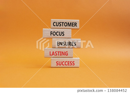 Customer Focus symbol. Wooden blocks with words Customer Focus Ensures Lasting Success. Beautiful orange background. Businessman hand. Business and Customer Focus concept. Copy space Customer Focus symbol. Wooden blocks with words Customer Focus Ensures Lasting Success. Beautiful orange background. Businessman hand. Business and Customer Focus concept. Copy space 138084452
