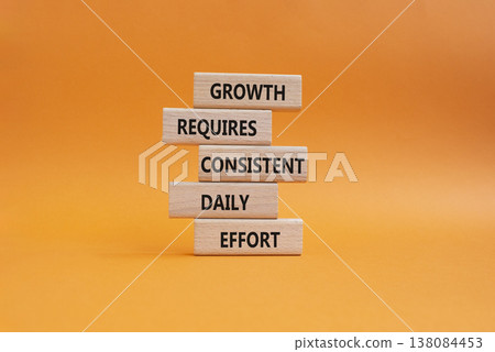 GROWTH symbol. Wooden blocks with words GROWTH REQUIRES CONSISTENT DAILY EFFORT. Beautiful orange background. Business and GROWTH concept. Copy space 138084453