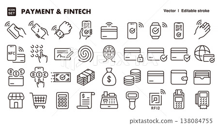 Icon set for cashless and electronic payments (thin lines, vector format): Digital money, cash register, and store icons. Icon set for cashless and electronic payments (thin lines, vector format): Digital money, cash register, and store icons. 138084755