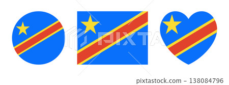 Democratic Republic of Congo flag heart shaped, round, rectangular button. Circle, rectangle, heart flag badge, sticker, icon, sign of Democratic Republic of Congo set. 138084796
