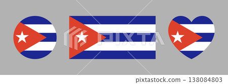 Flag of Cuba sticker. Heart shaped, round, rectangular icon, badge, button of National Cuban flag. Set of circle, rectangle, heart Cuba flag background, banner. 138084803