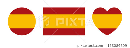 Spain flag heart shaped, rectangle, circle icon, sticker set. Spain civil flag, ensign. Flag of Spain round, rectangular, heart badge, button, banner, background. 138084809