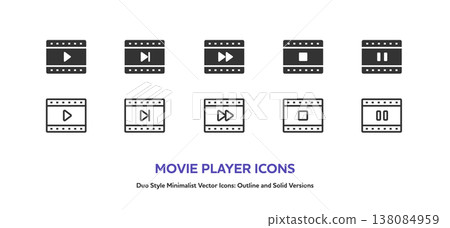 A set of simple film-style video playback button icons. Includes line art and colored vector illustrations. 138084959