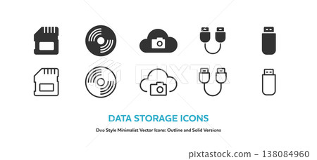 Icon set for data storage media such as SD cards and USB memory sticks. Includes line art and colored vector illustrations. Icon set for data storage media such as SD cards and USB memory sticks. Includes line art and colored vector illustrations. 138084960