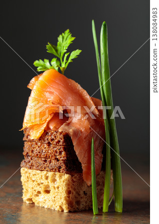 Open sandwich with smoked salmon. Open sandwich with smoked salmon. 138084983
