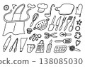 Cooking utensils sketches set. Black line hand drawn line illustration on white background. 138085030