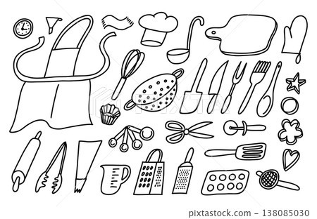 Cooking utensils sketches set. Black line hand drawn line illustration on white background. Cooking utensils sketches set. Black line hand drawn line illustration on white background. 138085030