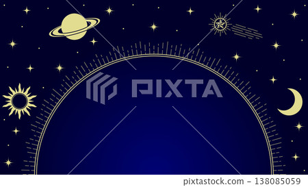神秘的金色星空邊框，描繪了太陽、月亮和星星，背景是深藍色。 138085059