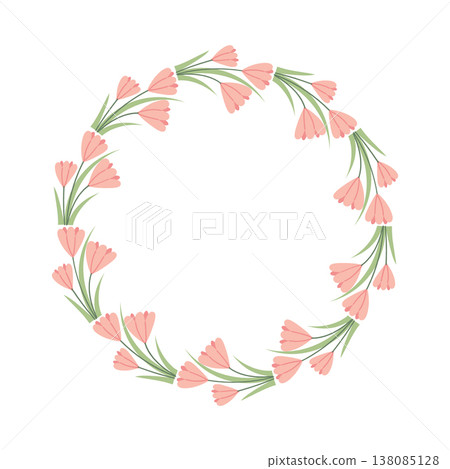 Pink tulip wreath in soft pastel style. Circular floral frame perfect for wedding invitations, greeting cards, spring designs, and decorative compositions. 138085128