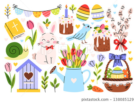 Easter holiday stickers. Festive elements, Bible, eggs, bunny, bird, snail, Easter baking, basket, willow twigs, carrot, ribbons, watering can, tulips, plants. Christian celebration of resurrection. Easter holiday stickers. Festive elements, Bible, eggs, bunny, bird, snail, Easter baking, basket, willow twigs, carrot, ribbons, watering can, tulips, plants. Christian celebration of resurrection. 138085129