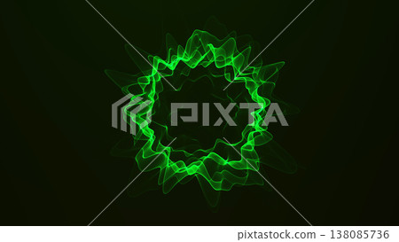 Green neon energy ring with particle wave motion on dark background, abstract circular light form with futuristic digital glow and dynamic sci fi mood. 138085736