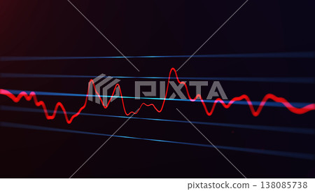 Red waveform signal with blue data lines on dark background, dynamic digital pulse and audio graph visualization with futuristic technology mood. 138085738