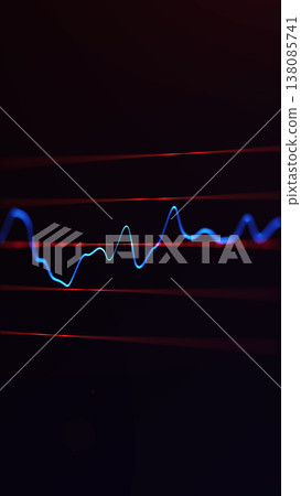 Vertical abstract waveform with blue and red signal lines on dark background, digital audio graph with dynamic data pulse and futuristic technology style. 138085741