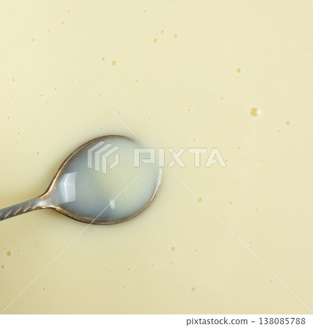 Square Cooking Background Top View Condensed Milk in Spoon. 138085788