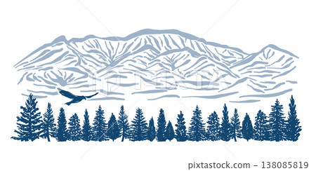藏山/歐山:山巒輪廓、鳥類和森林。 藏山/歐山:山巒輪廓、鳥類和森林。 138085819