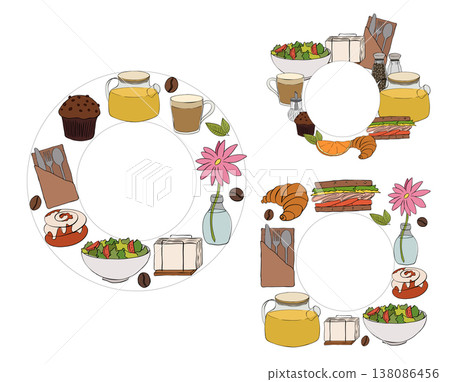 cafe interior Frame template set circle Cafe hand drawn illustration. Vector graphic line ink art. Perfect for cafe logo, branding, packaging, labels, and modern decor design. 138086456