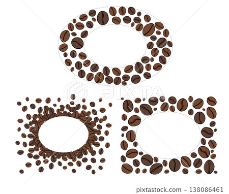 Coffee beans decoration element. Frame template set Oval Cafe hand drawn illustration. Vector graphic line ink art. for package, holiday design, fabric and textile. 138086461