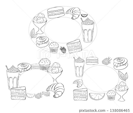 dessert Frame template Black and white Oval Cafe set hand drawn illustration. Vector graphic line ink art. For poster, invitation, backdrop, ad, sale promotion, print for t-shirt dessert Frame template Black and white Oval Cafe set hand drawn illustration. Vector graphic line ink art. For poster, invitation, backdrop, ad, sale promotion, print for t-shirt 138086465