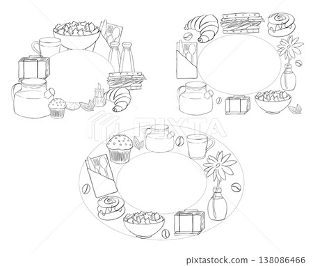 cafe food drinks Black and white Frame template Oval set rectangle Cafe hand drawn illustration. Vector graphic line ink art. For poster, invitation, backdrop, ad, sale promotion, print for t-shirt 138086466