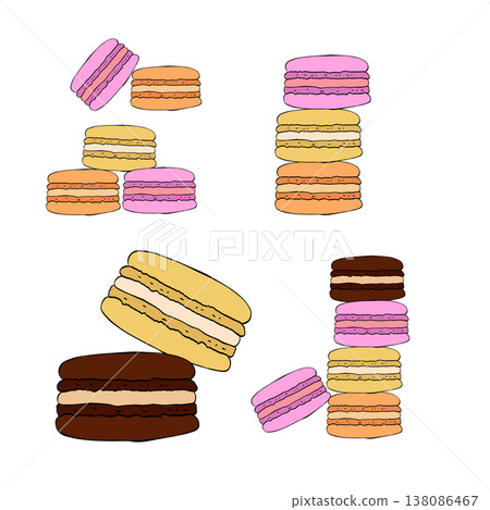 macarons Cafe composition set hand drawn illustration. Vector graphic line ink art. Perfect for cafe logo, branding, packaging, labels, and modern decor design. 138086467