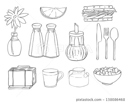 Set of restaurant and dining icons black and white cloche dish, napkin, salt shaker, pepper mill, coffee cup, menu, and chef hat. Cafe set hand drawn illustration. Vector graphic line ink art. Set of restaurant and dining icons black and white cloche dish, napkin, salt shaker, pepper mill, coffee cup, menu, and chef hat. Cafe set hand drawn illustration. Vector graphic line ink art. 138086468